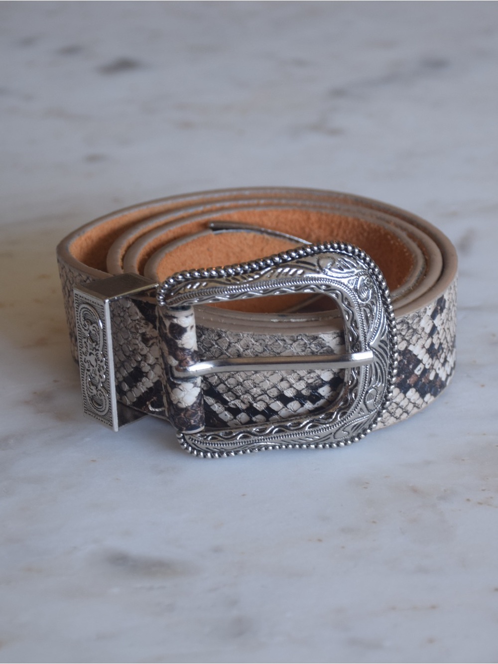 Women’s Snake-Print Leather Belt with Western Buckle